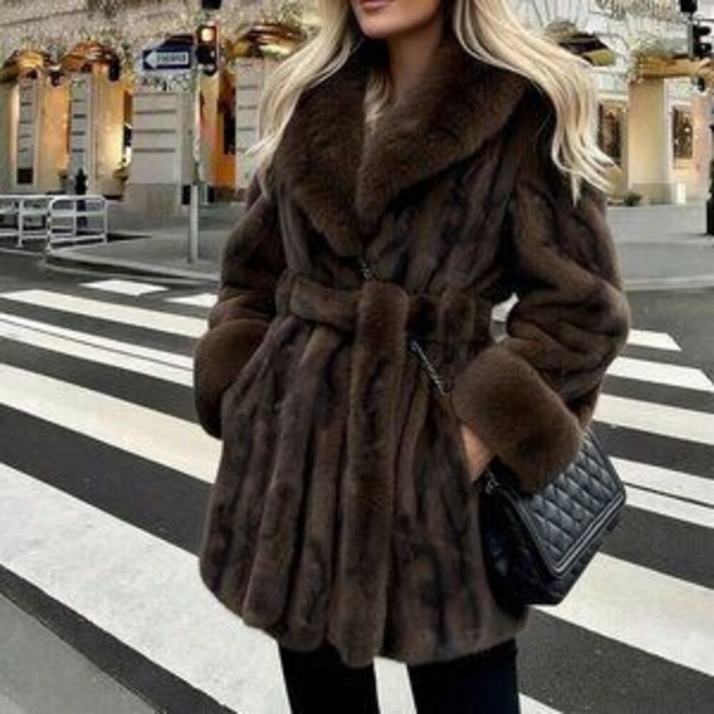Coffee Brown Women's Christmas Faux Fur Long Sleeve Coat - Picture 1 of 5